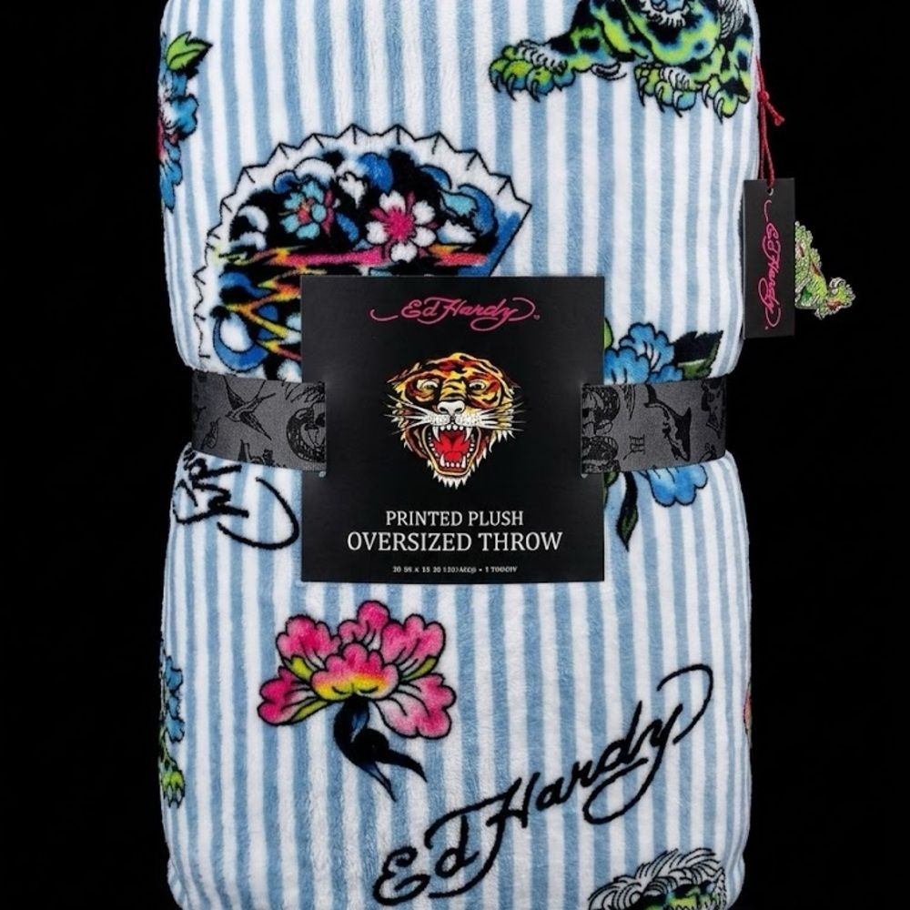 Ed Hardy Light Blue & White Striped Floral Tiger Plush Throw